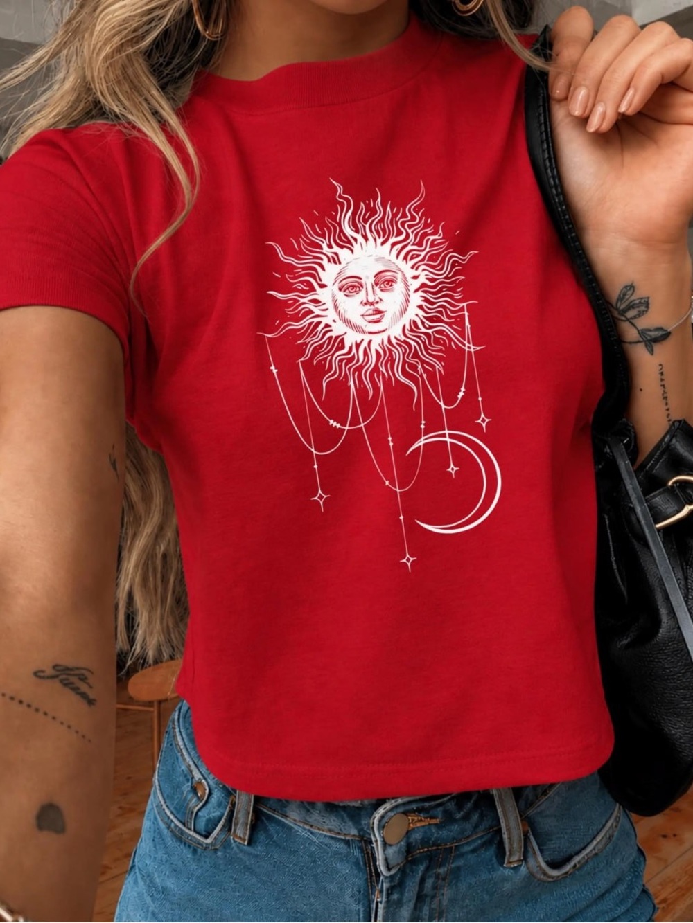 Red Sun & Moon Graphic Baby Tee
